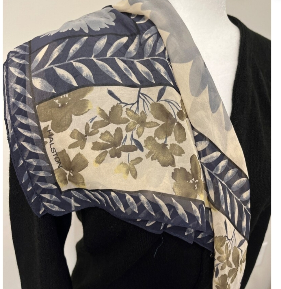 Vintage Halston floral blue & beige sheer square 100% Silk Scarf 21" × 21"